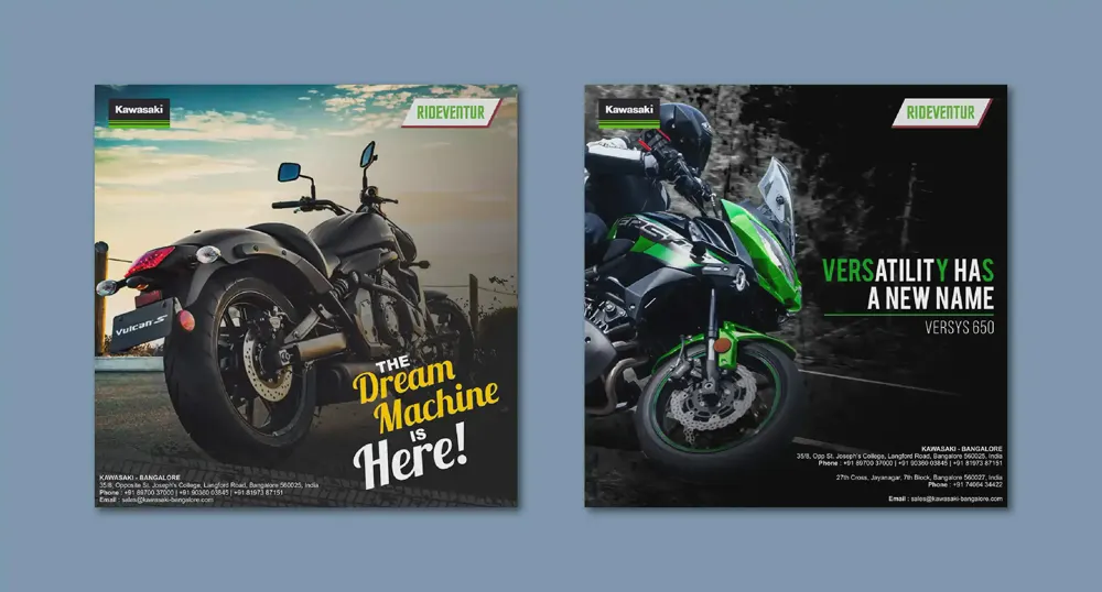 Two Kawasaki motorcycle posters