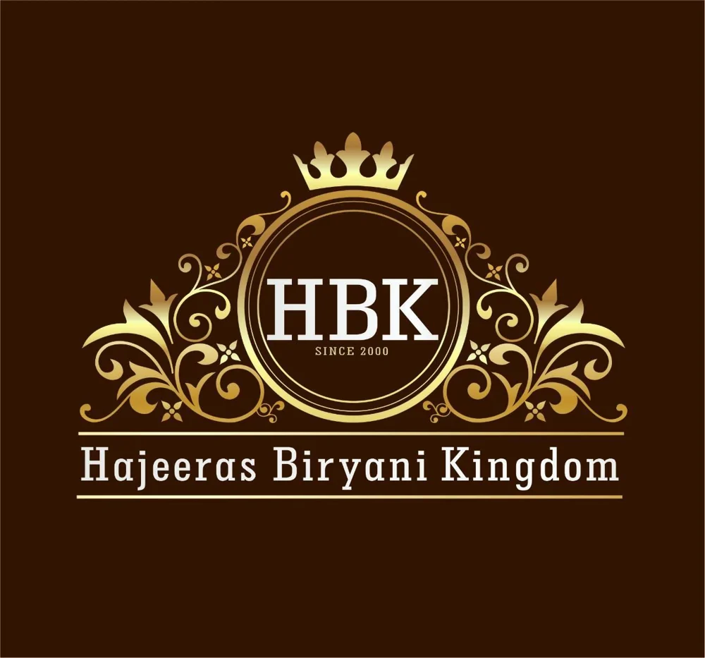 Hajeeras Biryani Kingdom crest logo in gold on brown