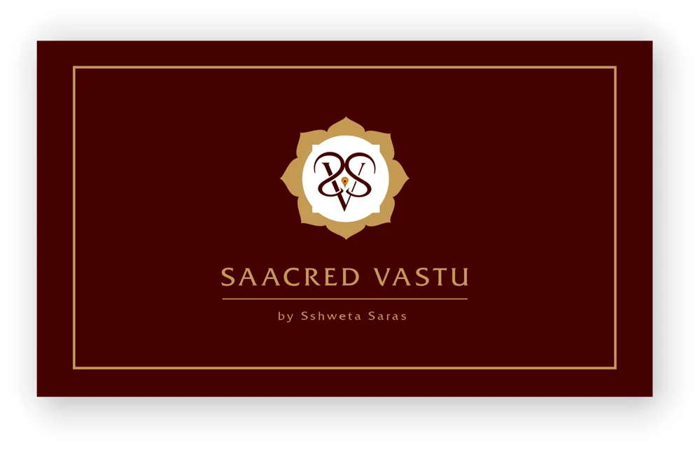 Saacred Vastu logo in gold on maroon card