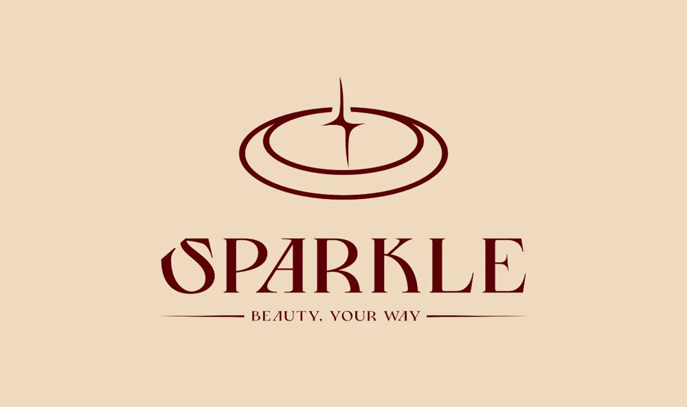 Sparkle logo in maroon on beige